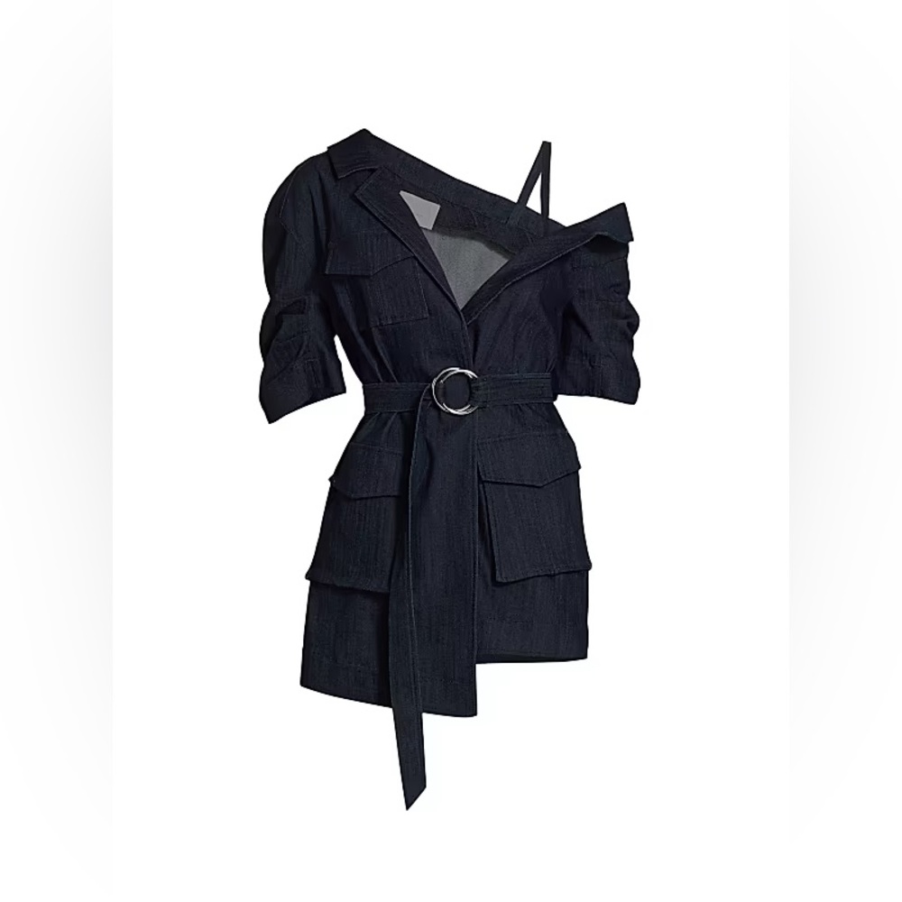 $495 Cinq à Sept Katie Asymmetric Belted Denim Jacket Size 12 Brand New W/ Tags